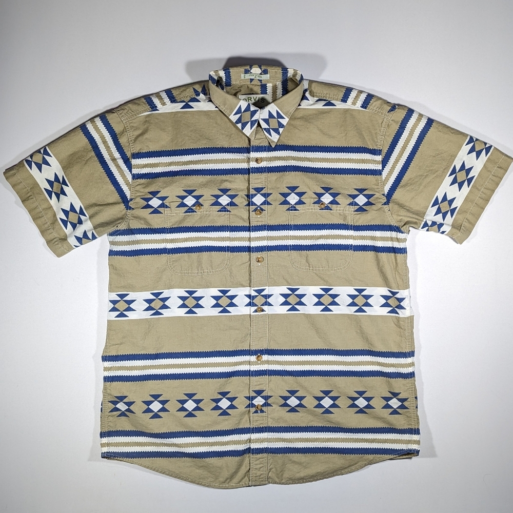 Vintage Orvis Aztec Southwest Tribal Print Button Up Dress Shirt Short Sleeve